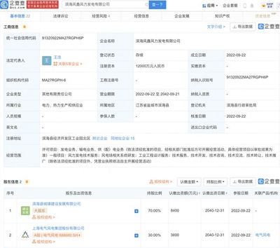 電氣風電投資成立風力發電公司，注冊資本1.2億，聚焦風電場相關系統研發